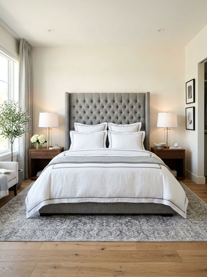 Gray and white upholstered bed - 30 traditional gray bedroom ideas