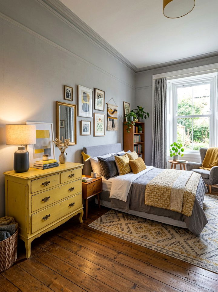 Gray and yellow eclectic bedroom - 30 yellow and gray bedroom color combo