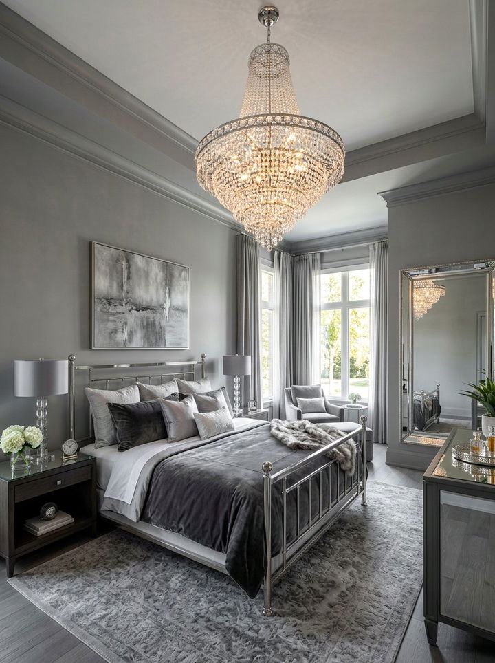 Gray bedroom crystal chandelier - 30 traditional gray bedroom ideas