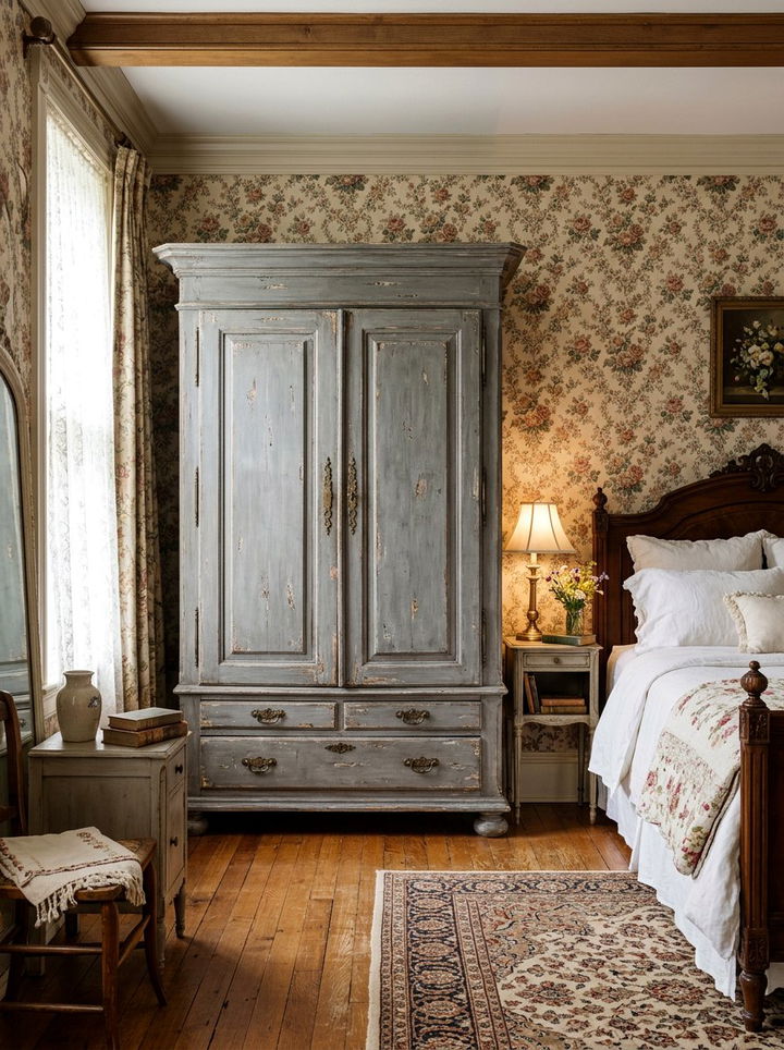 Gray distressed wood armoire - 30 bedroom gray furniture ideas