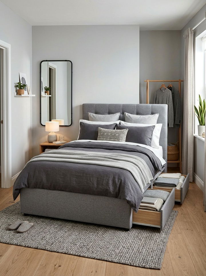 Gray fabric bed with storage drawers - 30 bedroom gray furniture ideas