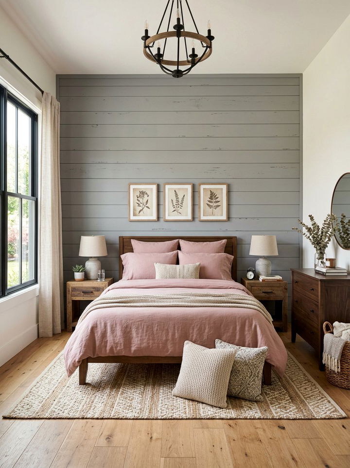 Gray shiplap wall - 30 dusty rose and gray bedroom ideas