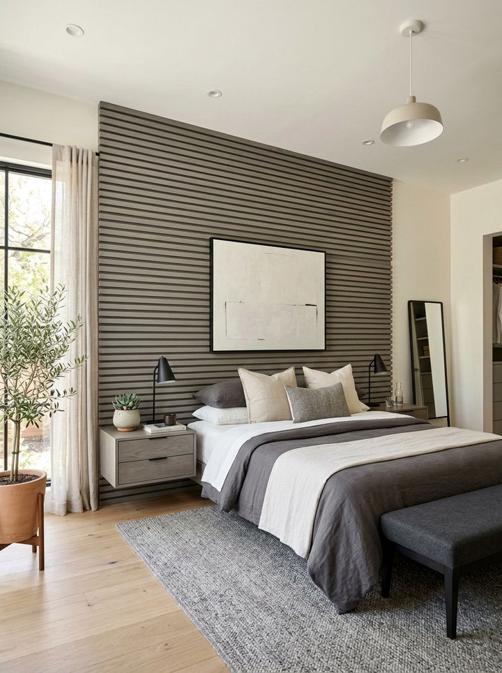 Gray slat wood headboard - 30 bedroom gray furniture ideas