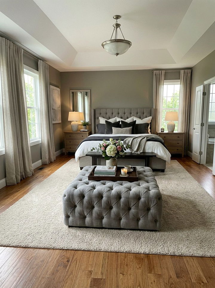 Gray tufted ottoman - 30 bedroom gray furniture ideas
