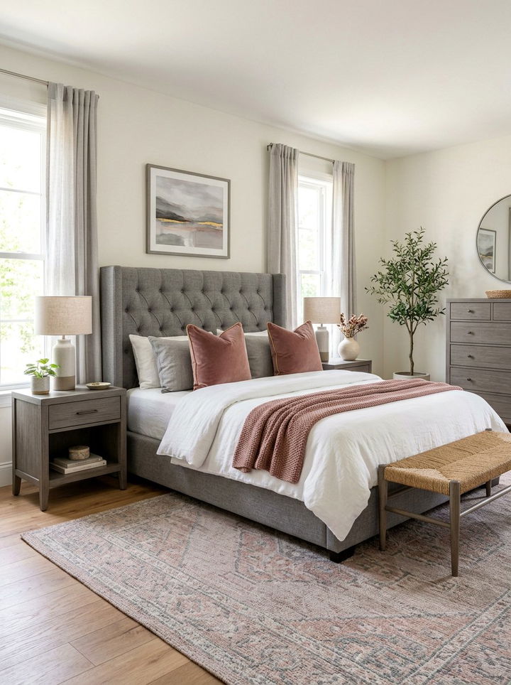 Gray upholstered bed frame - 30 dusty rose and gray bedroom ideas
