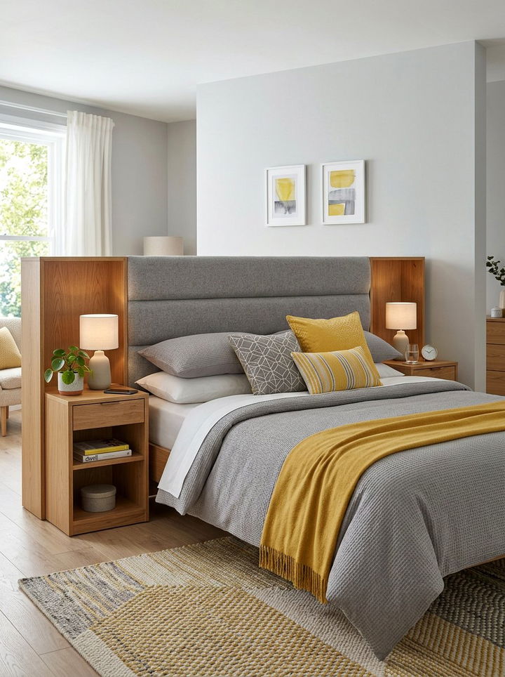 Gray upholstered headboard with side shelves - 30 bedroom bookcase headboards