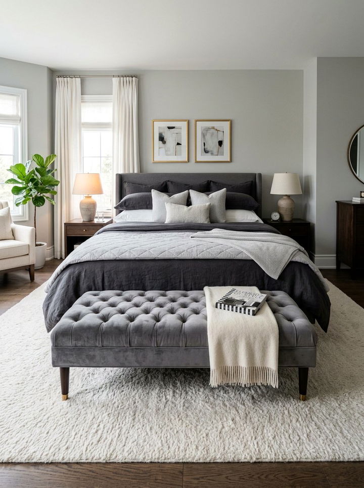 Gray velvet bench end of bed - 30 bedroom gray furniture ideas