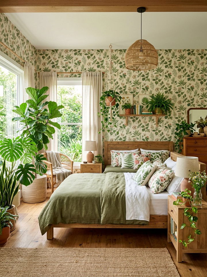 Green Botanical Leaf And Flower Mix - 30 floral themed bedroom ideas