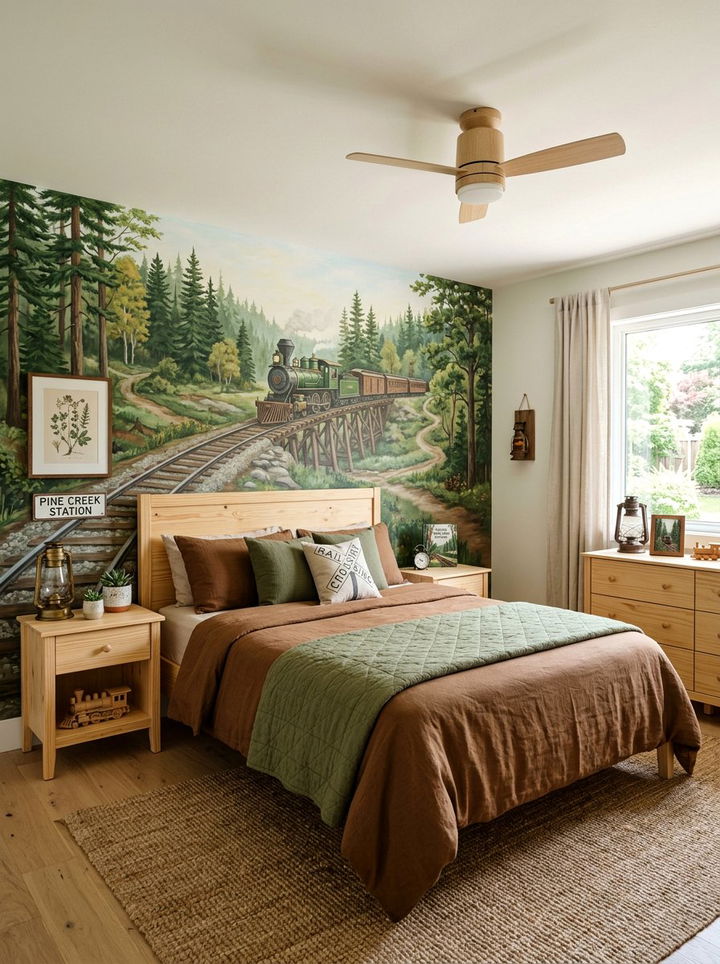 Green Forest Railway Theme - 30 train bedroom ideas
