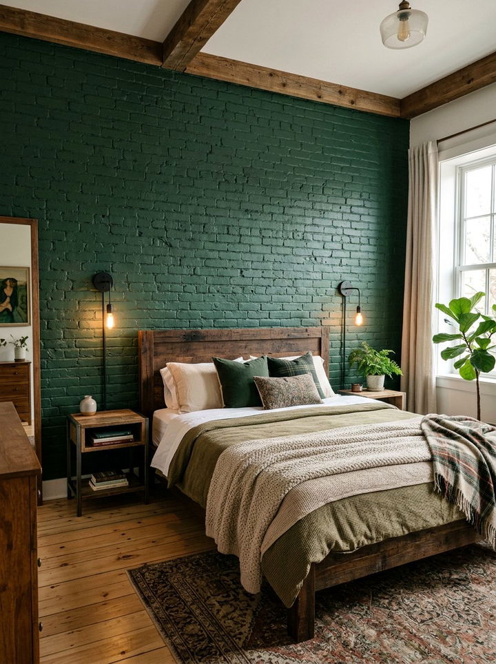 Green Painted Brick Wall - 30 industrial green bedroom ideas