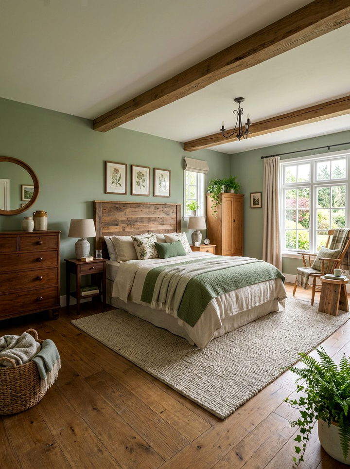 Green and wood farmhouse bedroom - 30 farmhouse green bedroom ideas