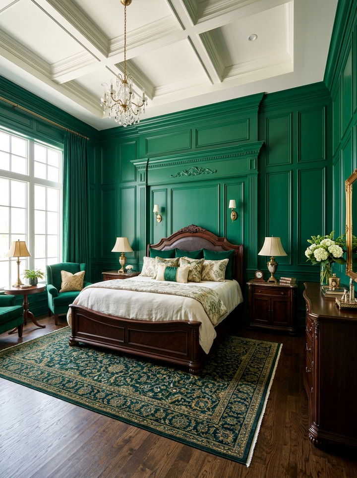 Green wall paneling - 30 emerald green bedroom ideas