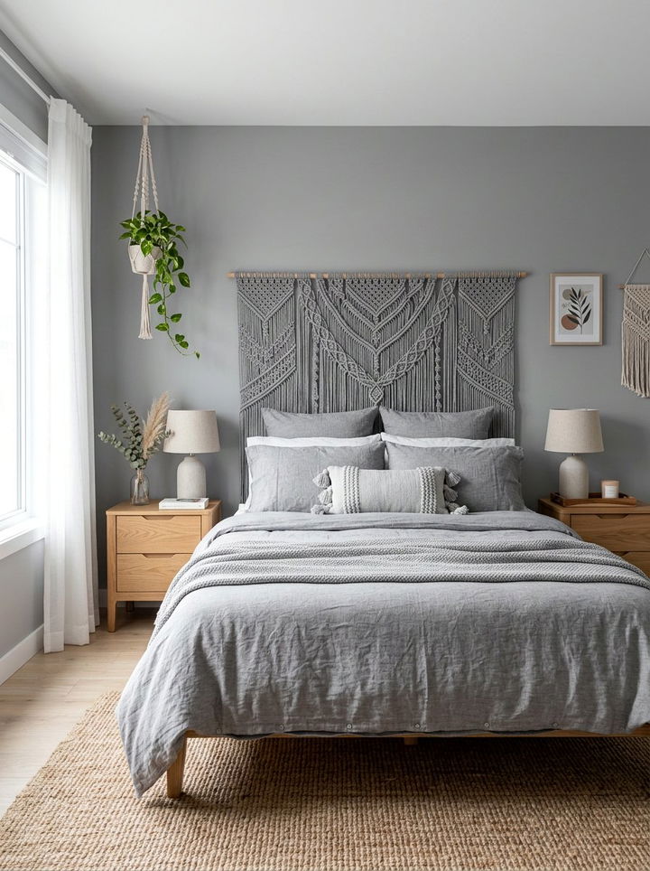 Grey Bedroom With Macrame Decor - 30 bohemian grey bedroom ideas