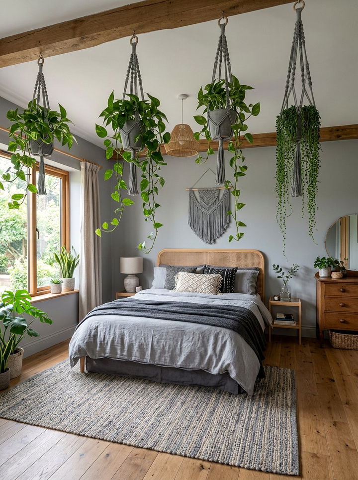 Grey Bohemian Bedroom With Hanging Plants - 30 bohemian grey bedroom ideas