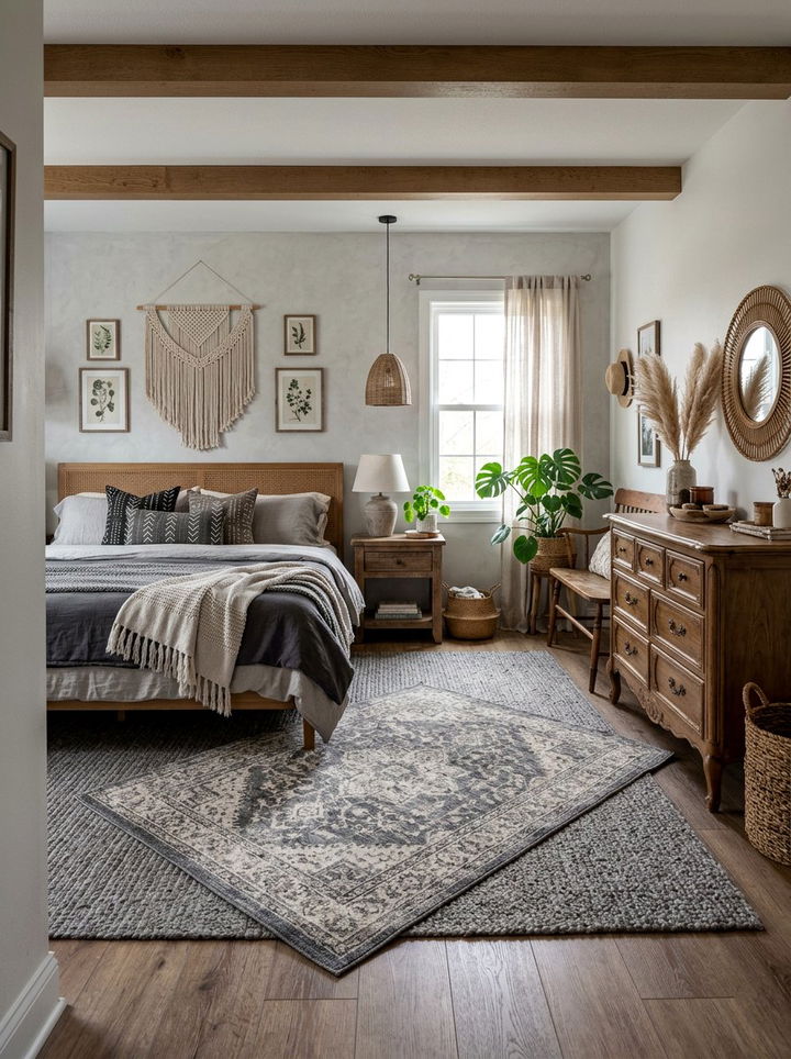 Grey Bohemian Bedroom With Layered Rugs - 30 bohemian grey bedroom ideas