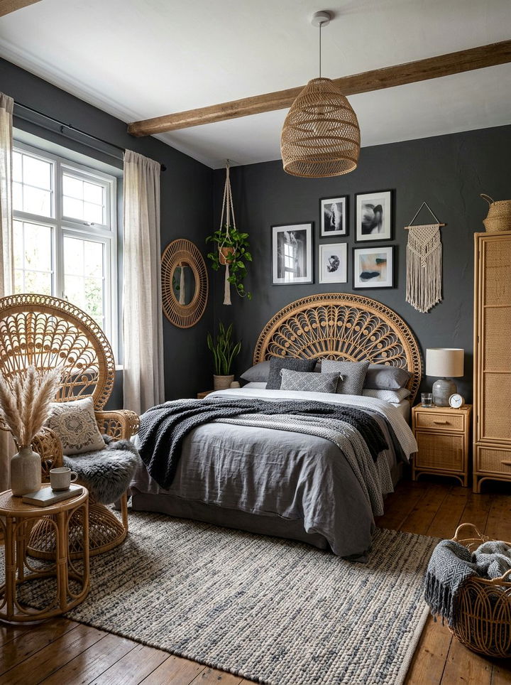 Grey Bohemian Bedroom With Rattan Furniture - 30 bohemian grey bedroom ideas