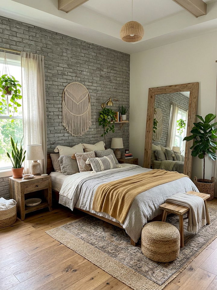 Grey Brick Wall Boho Bedroom - 30 bohemian grey bedroom ideas