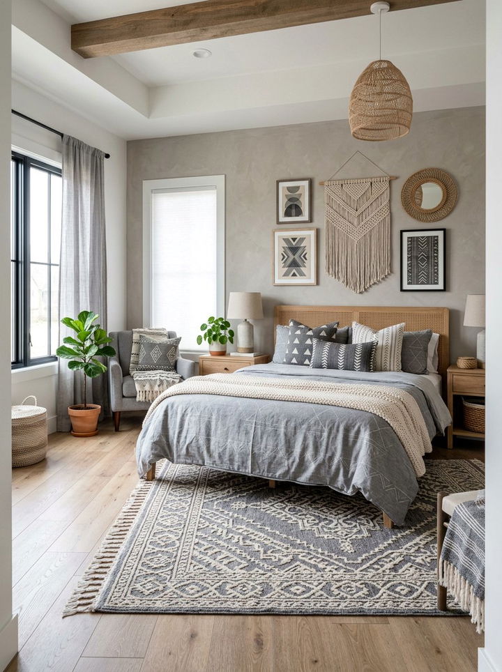 Grey Geometric Patterned Boho Bedroom - 30 bohemian grey bedroom ideas