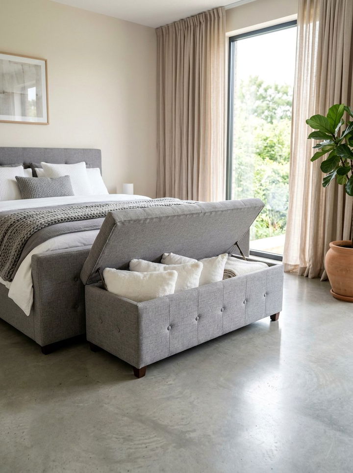 Grey Linen Storage Bench - 30 grey bedroom furniture ideas