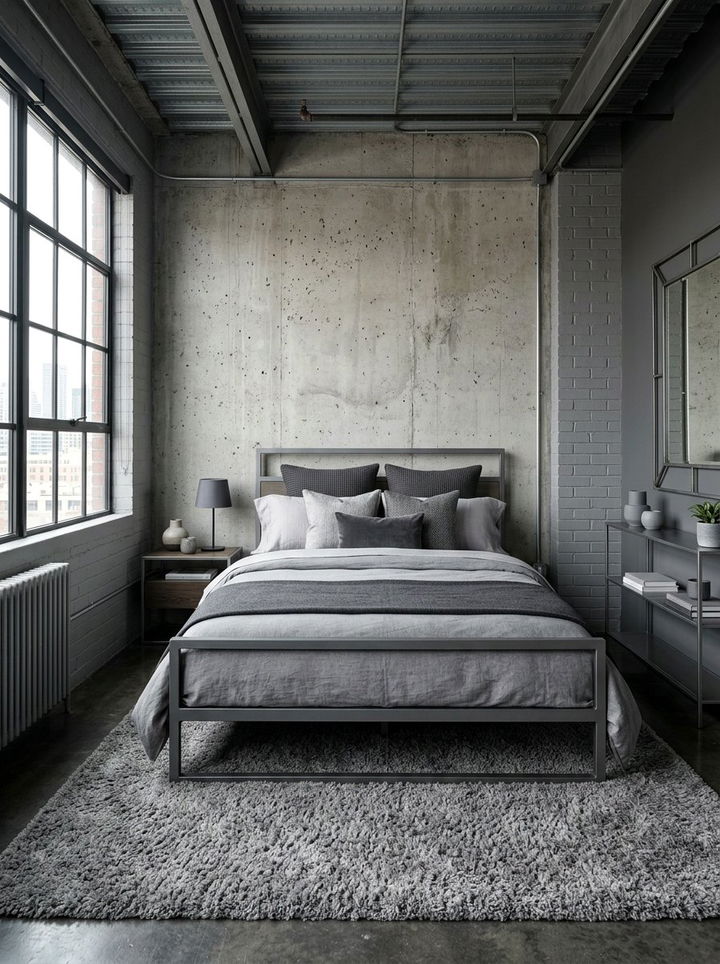 Grey Monochromatic Industrial Bedroom - 30 industrial grey bedroom ideas