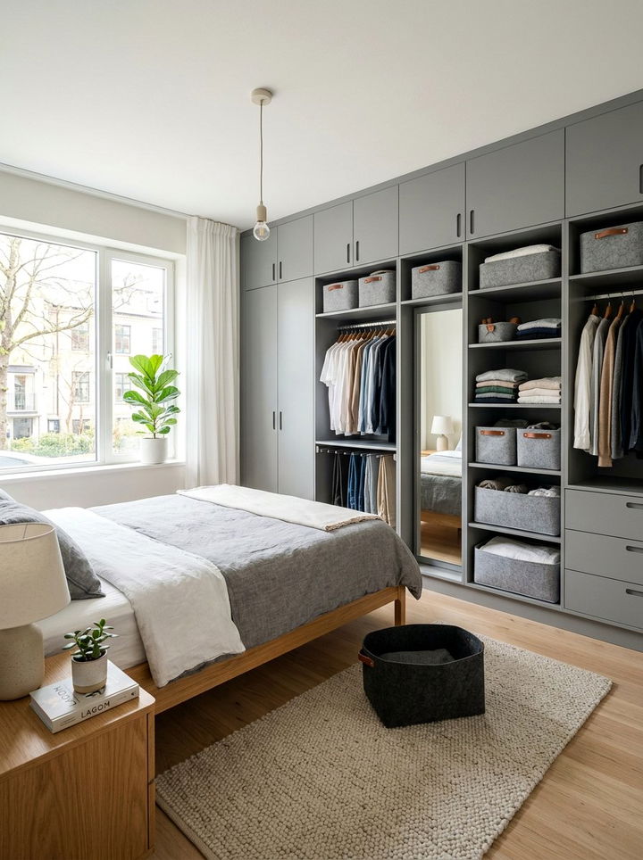 Grey Storage Solutions - 30 scandinavian grey bedroom ideas