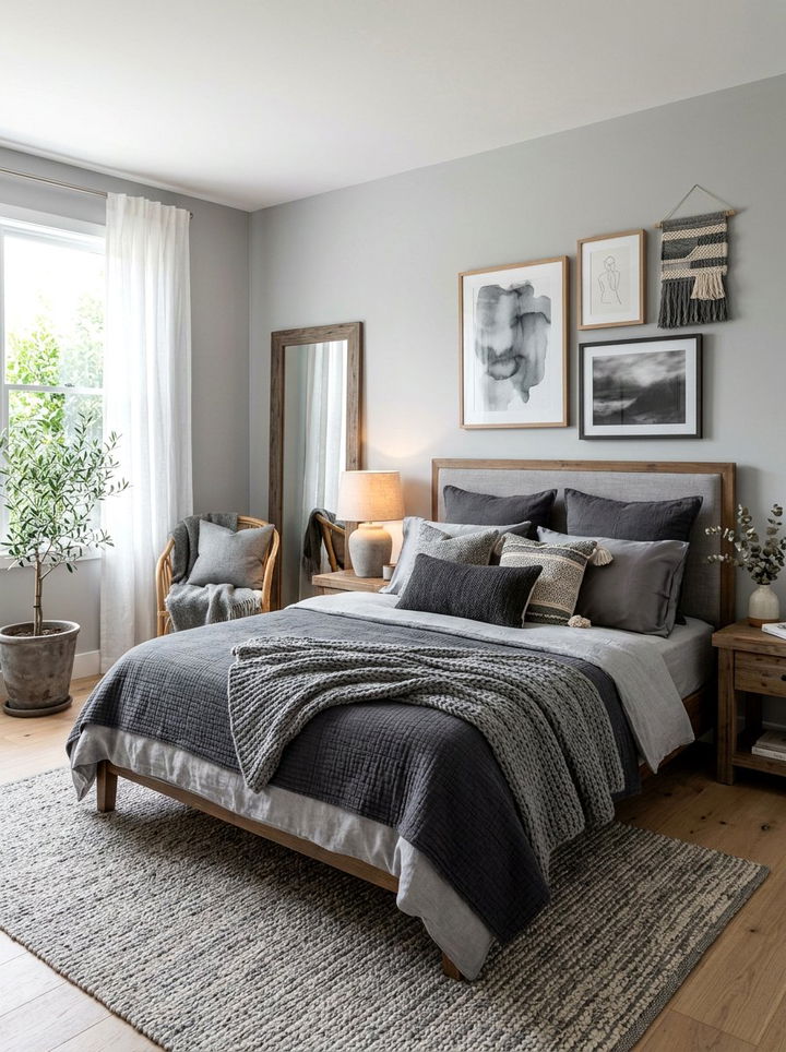Grey Tonal Layered Boho Bedroom - 30 bohemian grey bedroom ideas
