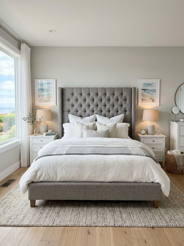 Grey Upholstered Bed Coastal Style - 30 coastal grey bedroom ideas