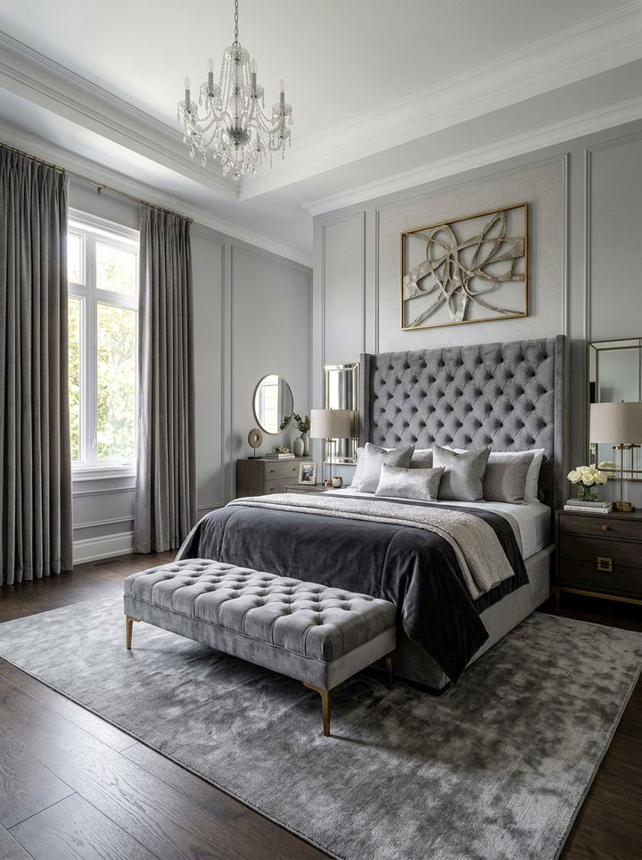 Grey Velvet Bedroom - 30 monochrome bedroom ideas