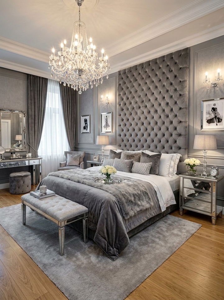 Grey Velvet Glam Bedroom - 30 modern grey bedroom ideas