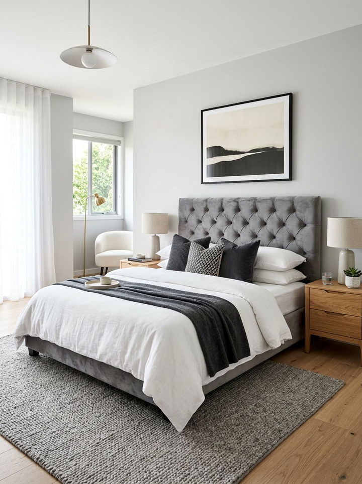 Grey Velvet Headboard - 30 scandinavian grey bedroom ideas