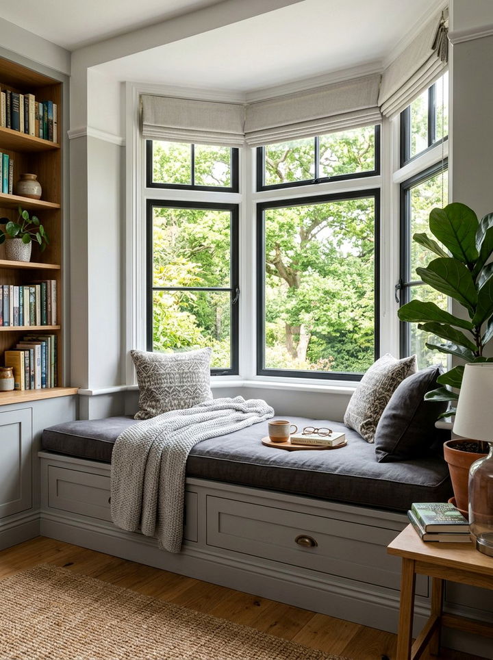 Grey Window Seat - 30 scandinavian grey bedroom ideas