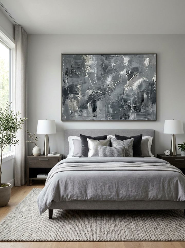 Grey abstract canvas - 30 grey bedroom accessories ideas