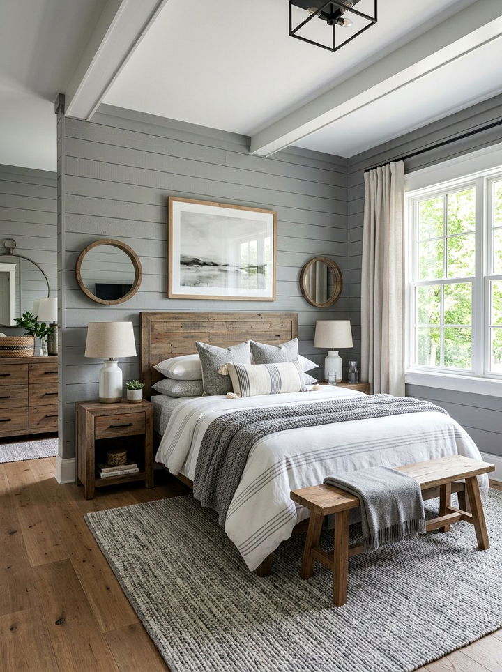 Grey and white farmhouse bedroom - 30 contemporary grey bedroom ideas