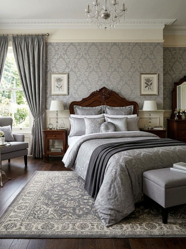 Grey damask duvet cover - 30 traditional grey bedroom ideas