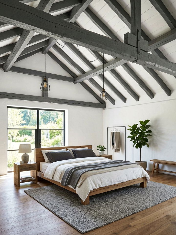 Grey exposed rafters bedroom - 30 rustic grey bedroom ideas