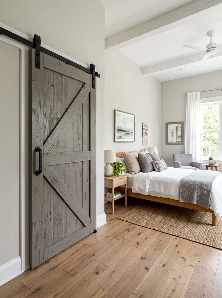 Grey farmhouse sliding door - 30 rustic grey bedroom ideas