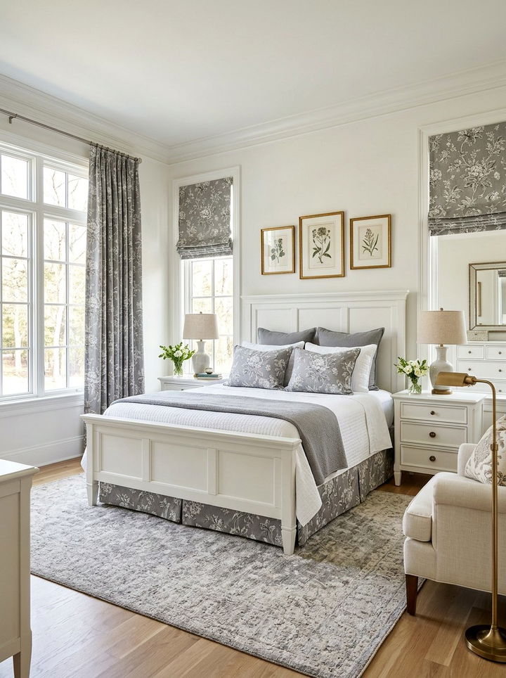 Grey floral window treatments - 30 traditional grey bedroom ideas