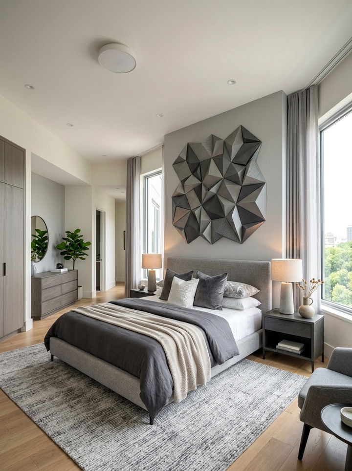 Grey geometric wall art - 30 contemporary grey bedroom ideas