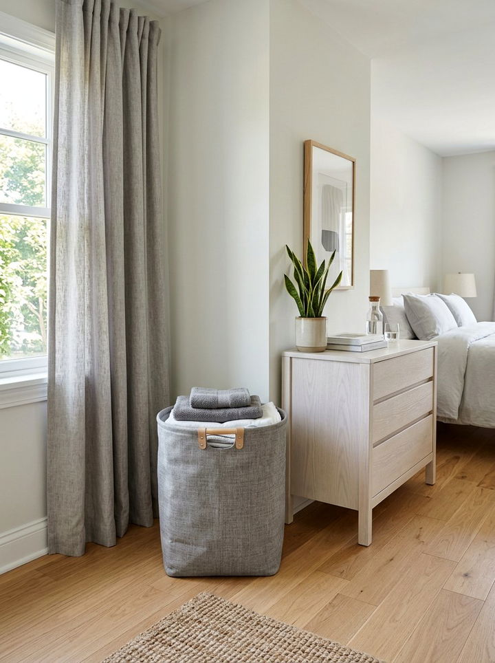 Grey linen laundry basket - 30 grey bedroom accessories ideas