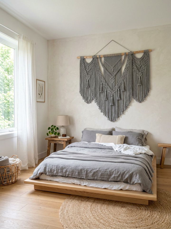 Grey macrame wall hanging - 30 grey bedroom accessories ideas
