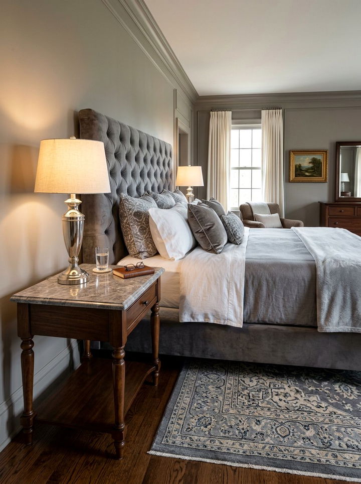 Grey marble nightstand top - 30 traditional grey bedroom ideas
