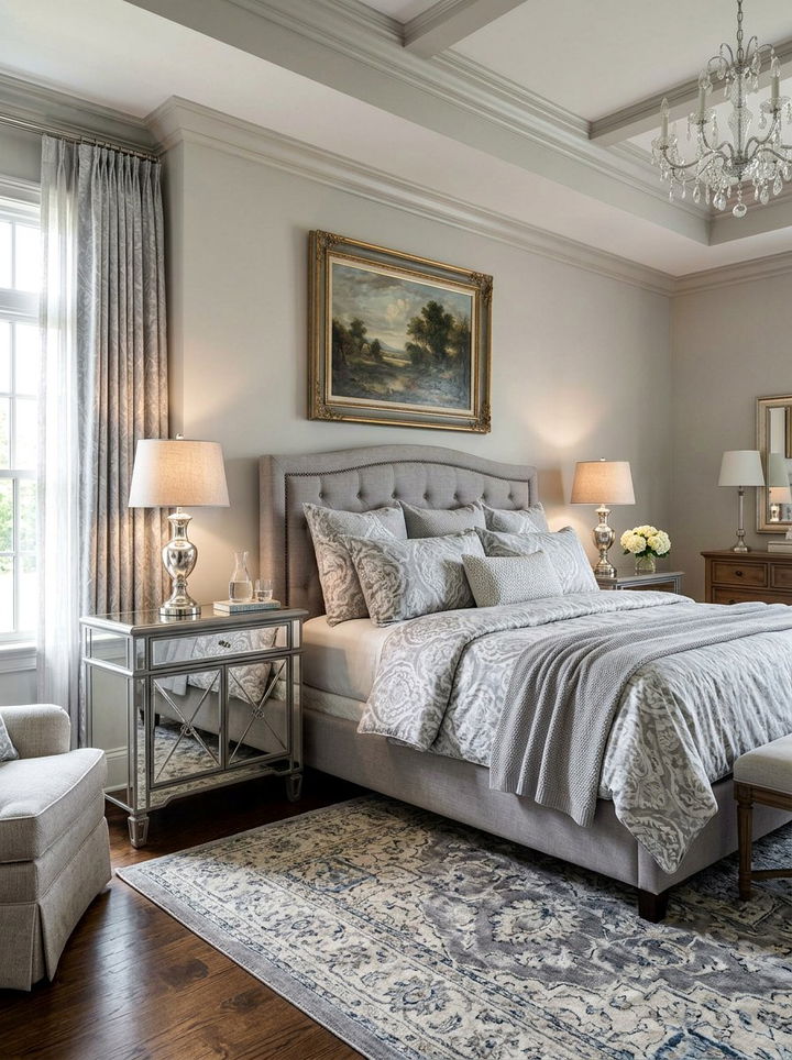 Grey mirrored nightstand - 30 traditional grey bedroom ideas