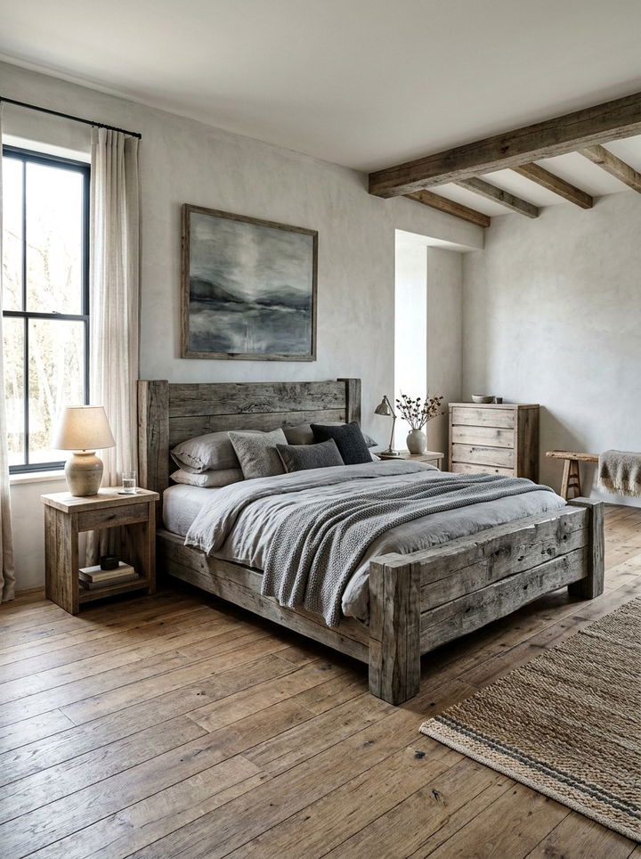 Grey reclaimed timber bed - 30 rustic grey bedroom ideas