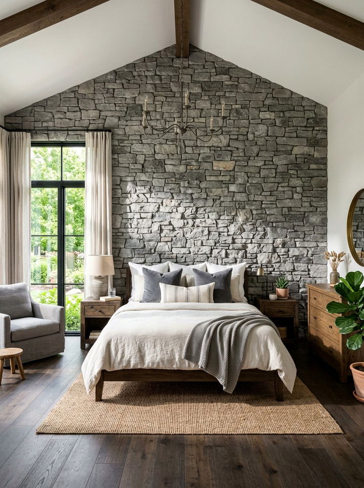 Grey stone wall bedroom - 30 rustic grey bedroom ideas