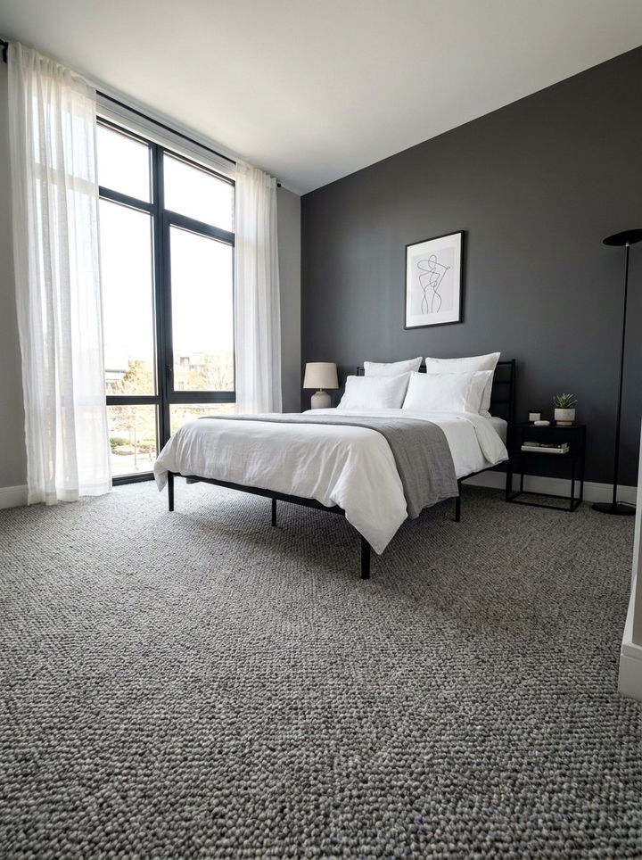 Grey textured loop carpet - 30 bedroom carpet ideas