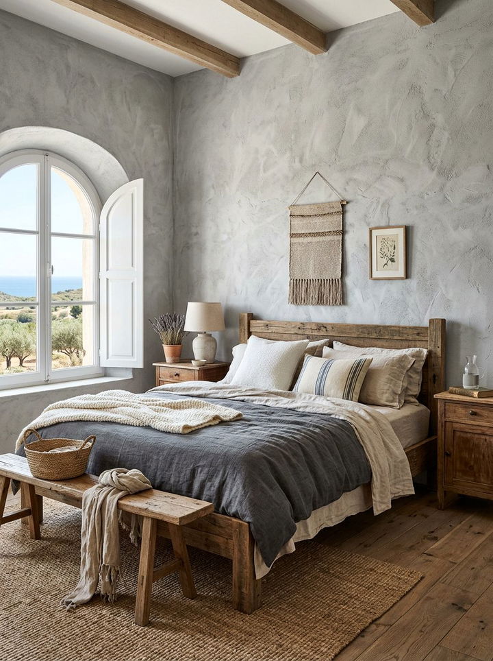 Grey textured plaster wall - 30 rustic grey bedroom ideas
