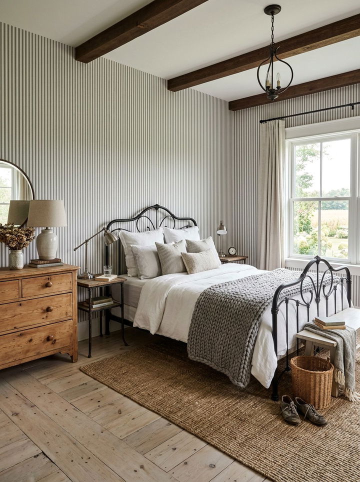 Grey ticking stripe - 30 bedroom striped wallpapers