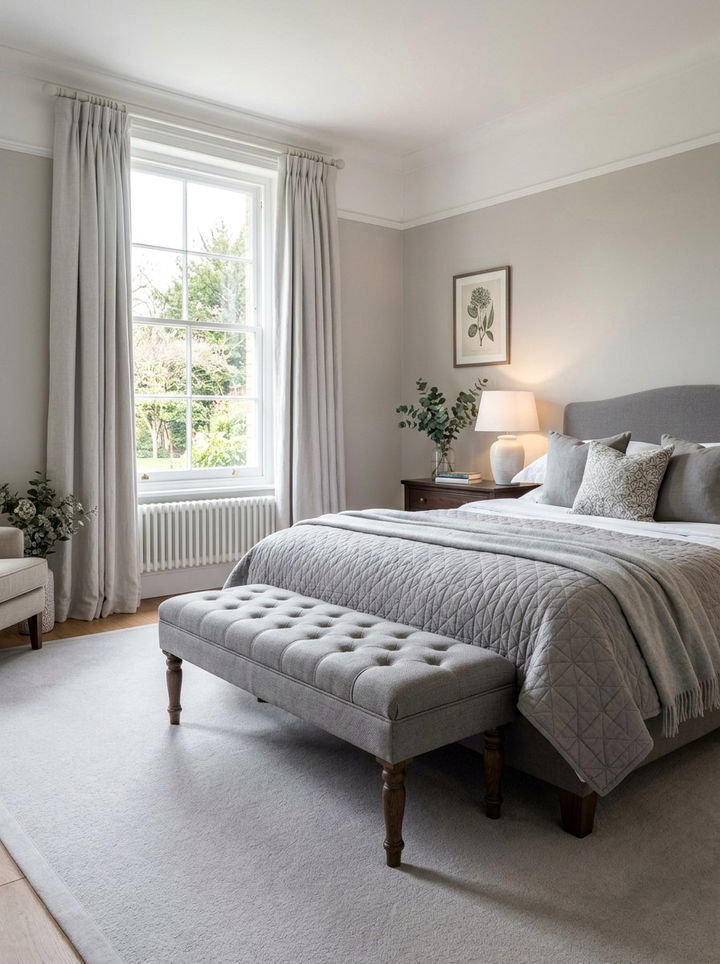 Grey upholstered bench - 30 grey bedroom accessories ideas