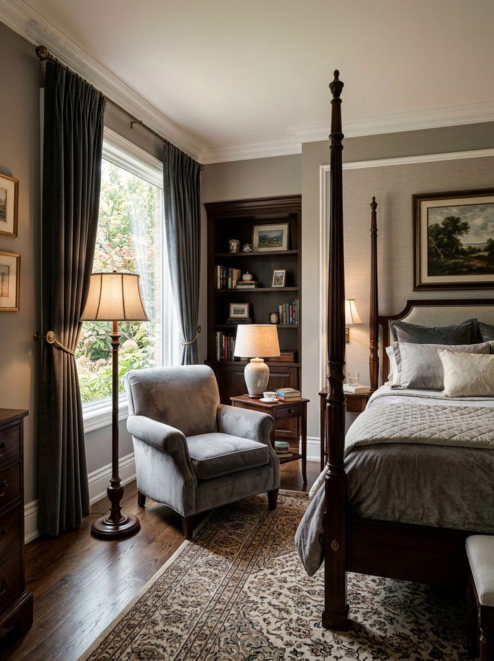 Grey velvet armchair - 30 traditional grey bedroom ideas