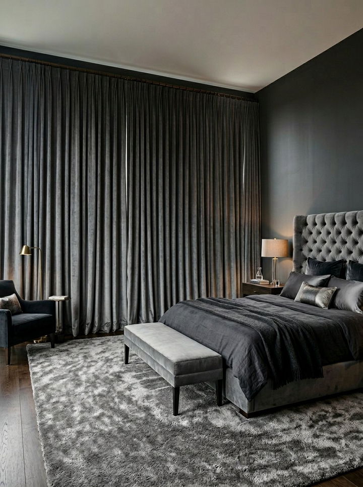 Grey velvet curtains - 30 grey bedroom accessories ideas